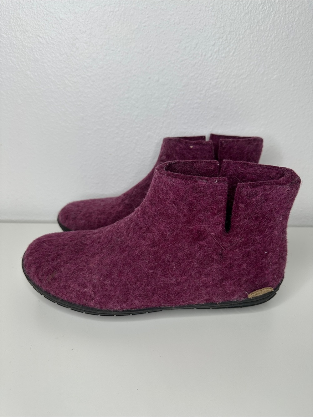 GLERUPS sz 8, 38 Burgundy Cranberry WOOL Felt Boot Slippers, Rubber Sole, Felted